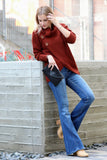 Cowl Neck Front Button Sweater Top: Fuchsia