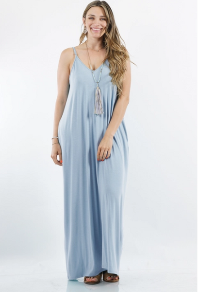 V-Neck Plus Size Cami Maxi Dress-Ash Blue