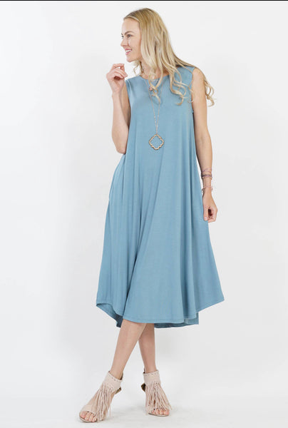 Sleeveless Pocket Midi Dress-Blue Grey
