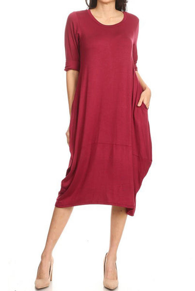Burgundy Women's Casual Pull On Basic Loose Fit Solid Midi Dress